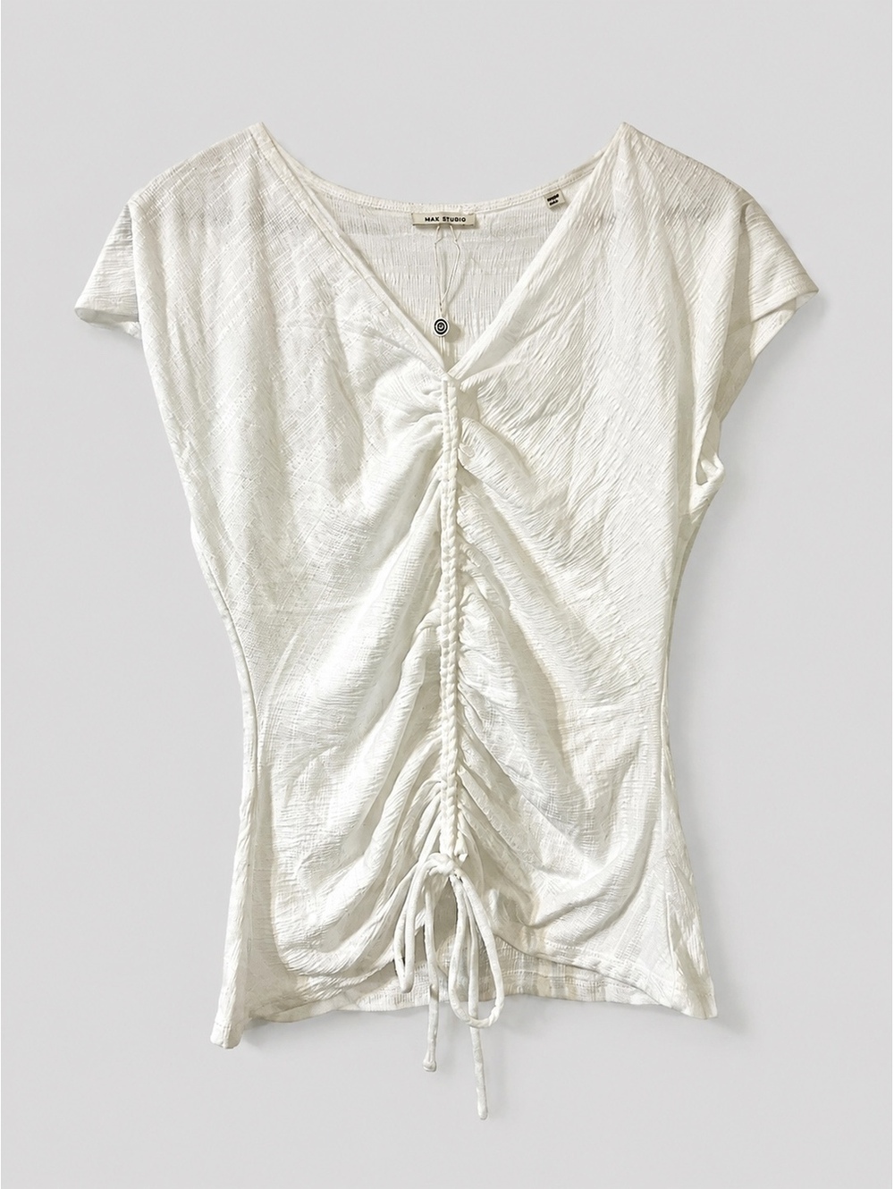 Max Studio White Ruched Front Short Sleeve Top
